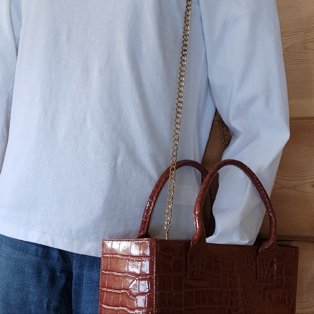 Red Faux Croc Embossed Crossbody Bag, with Gold Metal Accents by Stone Mountain.